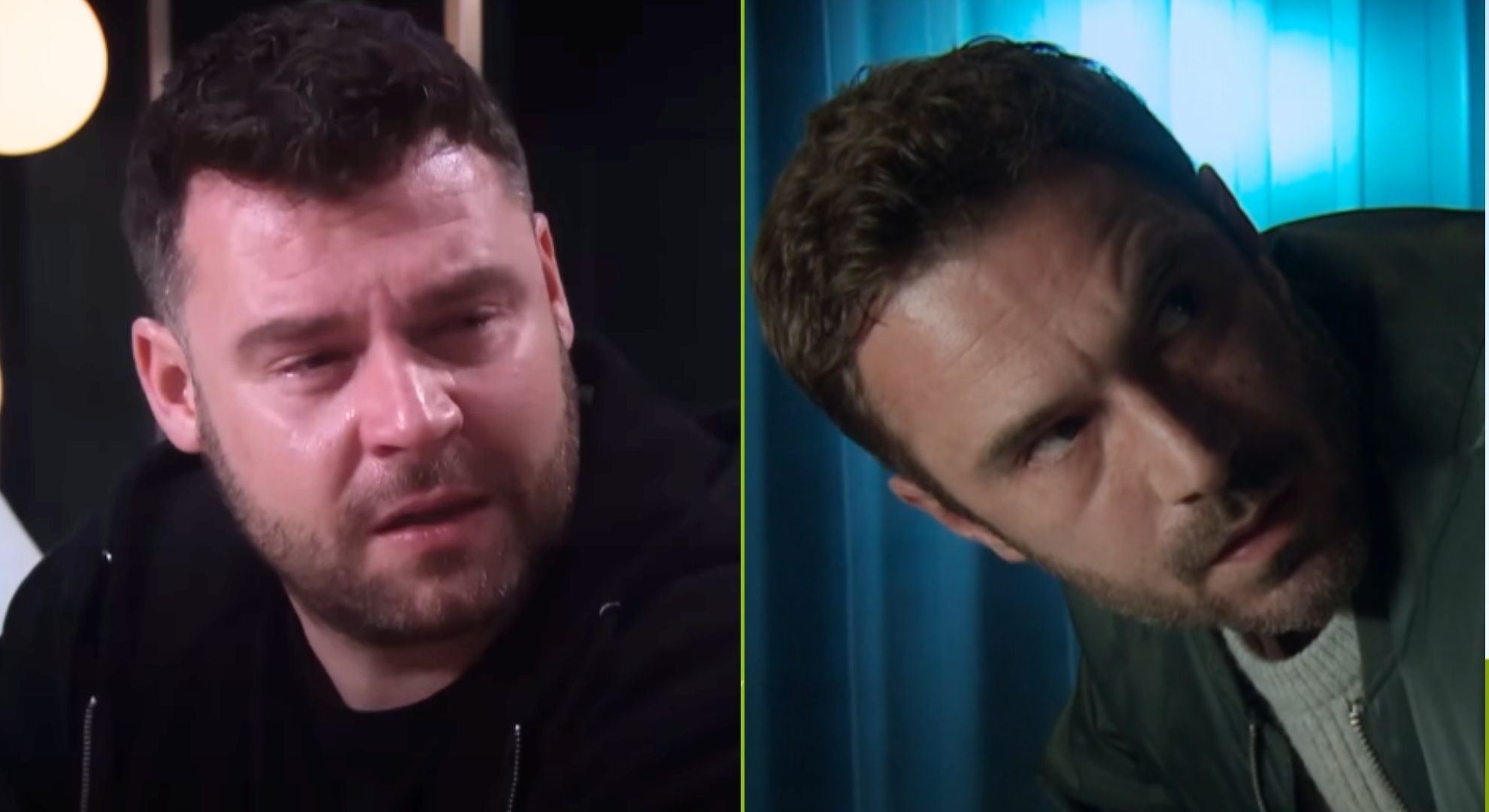 Composite image of Aaron and John on Emmerdale - Aaron crying, John looking sinister (Credit: ITV/Composite: EI)