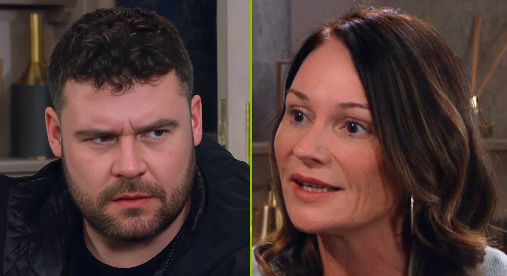 Composite image of Aaron and Chas - he looks moody, she's animated (Credit: ITV/Composite: EI)