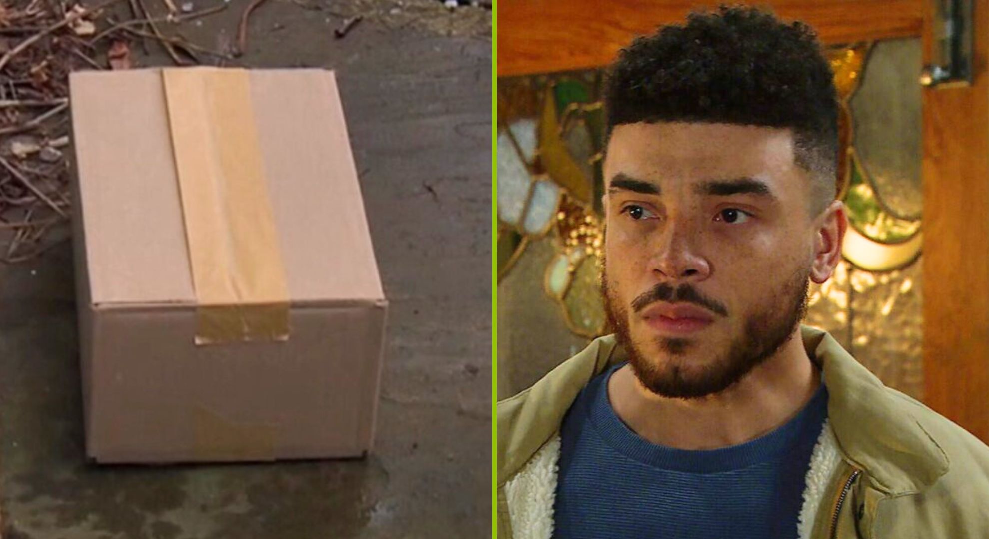 Composite image of Nate and a box on Emmerdale, with Nate looking worried (Credit: ITV/Composite: EI)