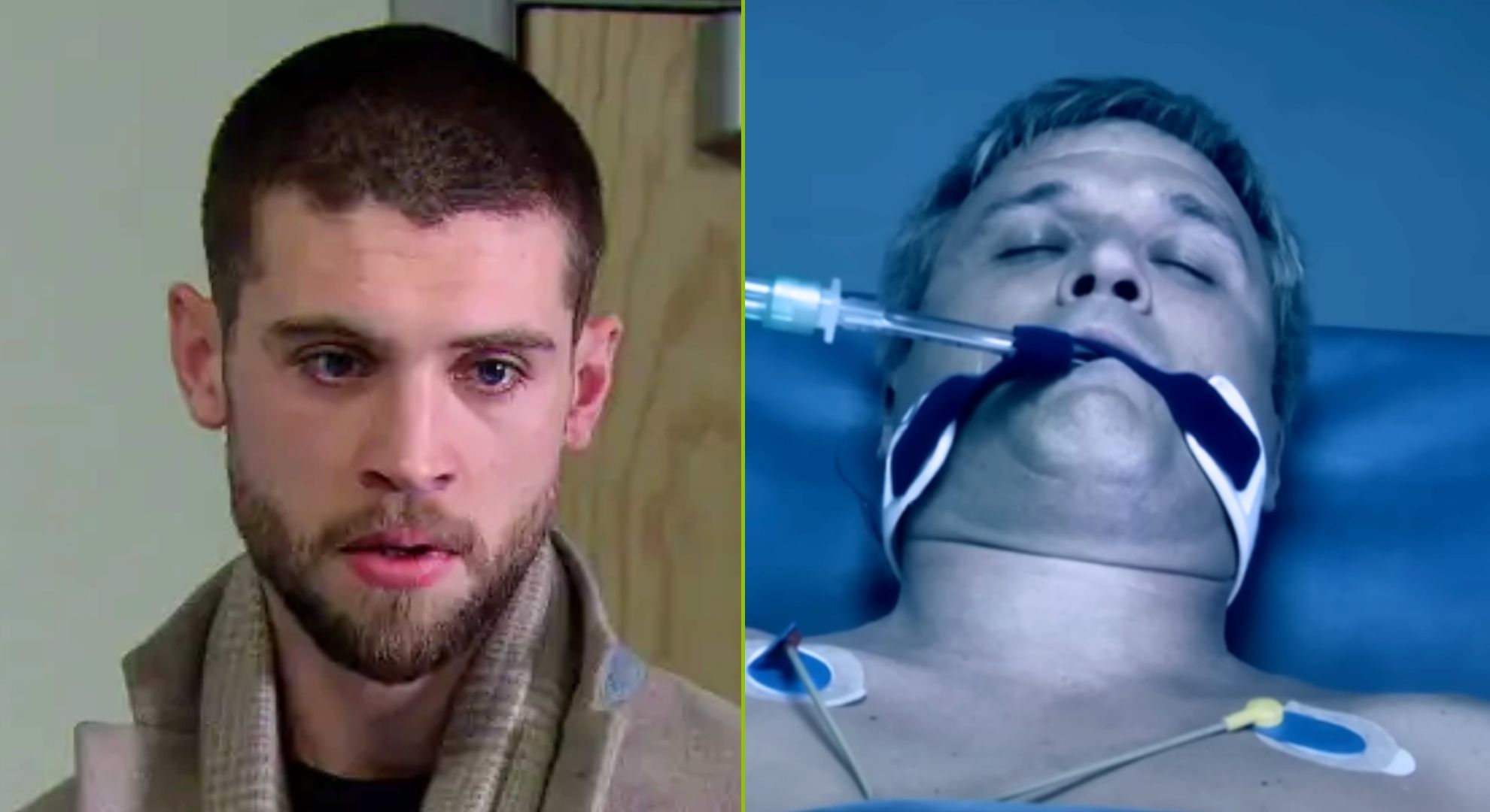 Composite image of Joe and Caleb on Emmerdale - Joe looking worried, Caleb in hospital unconscious (Credit: ITV/Composite: EI)