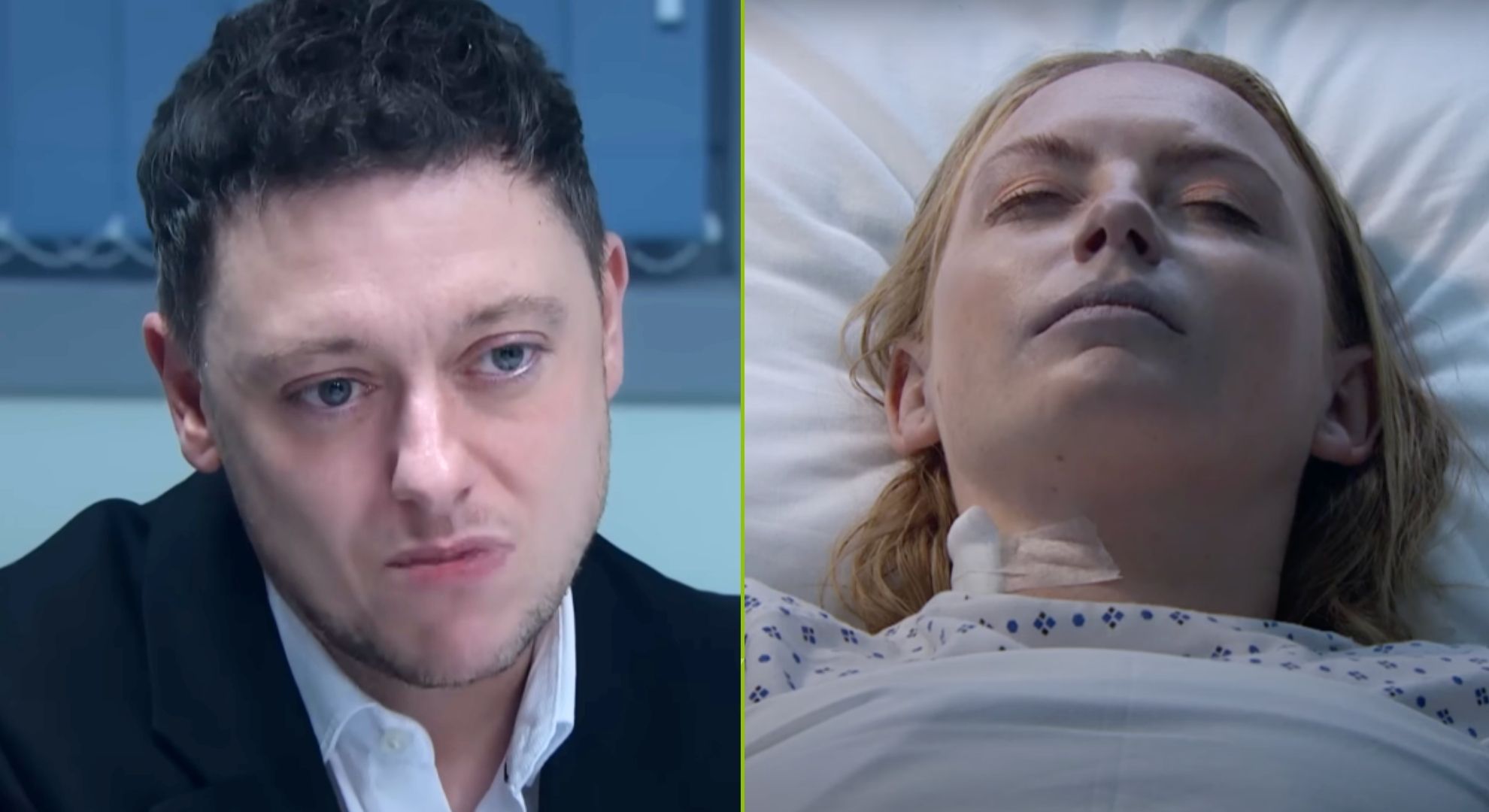 Composite image of Matty (looking sad) and Amy (dead) on Emmerdale (Credit: ITV/Composite: EI)