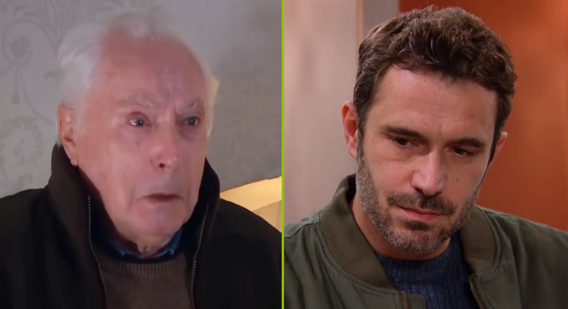 Composite image of Anthony and John on Emmerdale; Anthony looks scared, John brooding (Credit: ITV/Composite: EI)